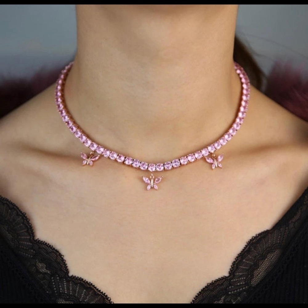 PINK butterfly tennis choker , cz tennis butterfly necklace , bling iced… - Picture 5 of 6